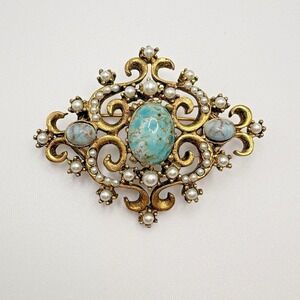 Vintage Victorian Revival Brooch Glass Faux Pearls Beautiful